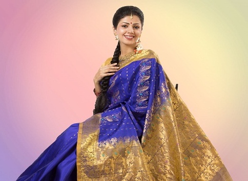 Mavi ve Altın El Dokuması Bangalore Saree