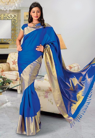 Mavi Saf Bangalore El Dokuma İpek Sari