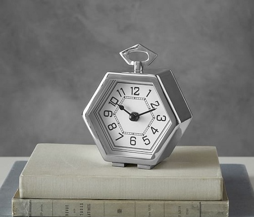Šešiakampio formos sidabrinio stalo laikrodžio dizainas