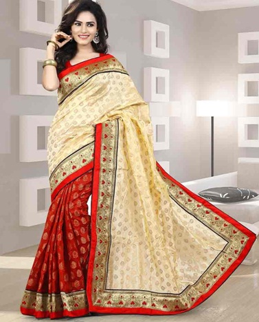 Kırmızı ve Krem Tasarımcı Chanderi Silk Saree