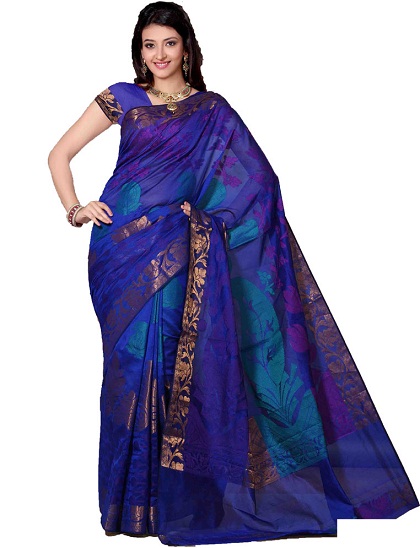 Derin Mavi Pamuklu İpek Chanderi Saree
