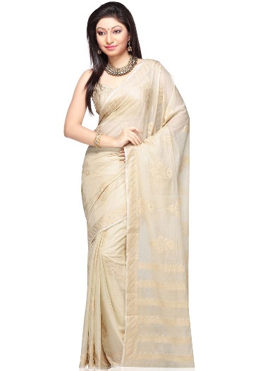 Saf Kirli Beyaz Düz Chanderi Silk Saree