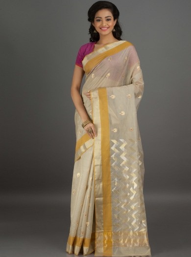 Krem Chanderi Pamuk Sari