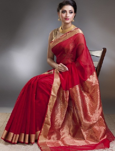 Altın Bordürlü Kırmızı İpek Pamuklu Chanderi Saree