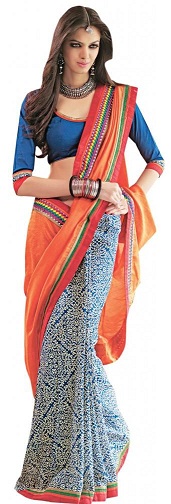 Turuncu Beyaz Chanderi İpek Tasarımcı Saree