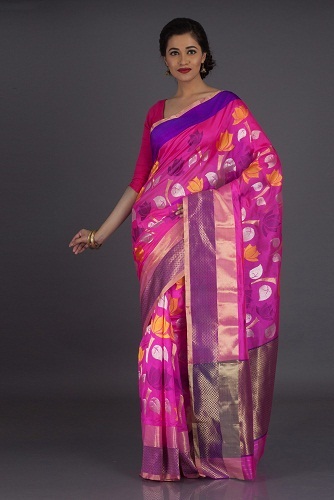 Rožinė Chanderi Pattu Saree