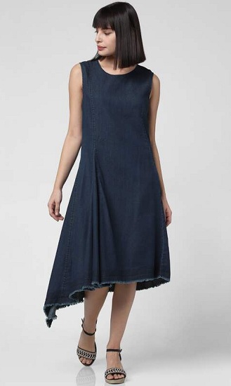 Denim Midi Asimetrik Elbise