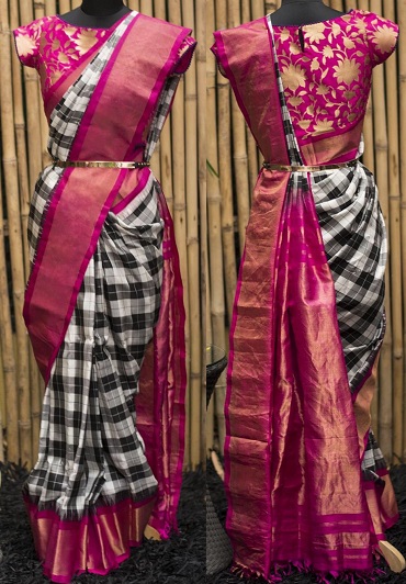 Beyaz ve Siyah Çekler Gadwal Silk Saree