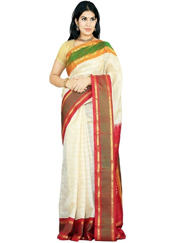 Beyaz Gadwal İpek Saree