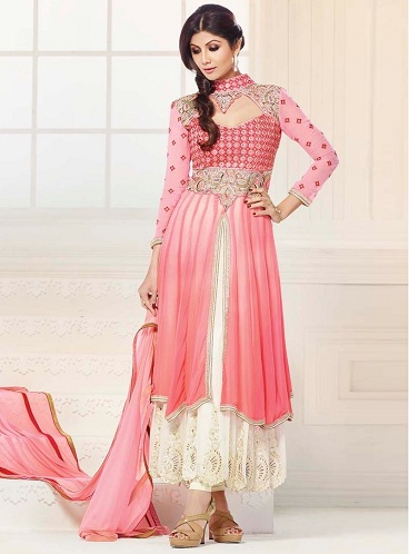 Kreminis ir rožinis „Anarkali Salwar“ kostiumas