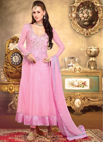 Ilgas rožinės spalvos Anarkali Salwar kostiumas