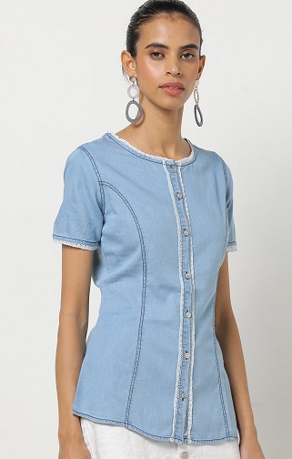Moteriški džinsiniai marškinėliai trumpomis rankovėmis