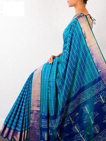 Dangaus mėlynas Pochampally Saree dizainas