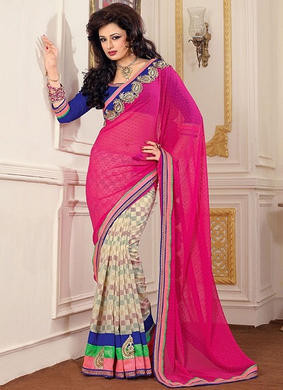 Pembe ve Krem Faux Georgette Saree