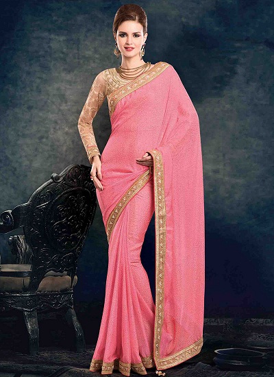 Açık Pembe Şifon Saree