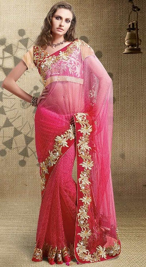 Sıcak Pembe Net Saree