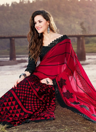 Kırmızı Brasso Sahte Tasarımcı Saree
