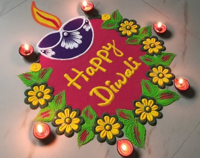 Paprastas „Diya Rangoli“ dizainas - „Happy Diwali“