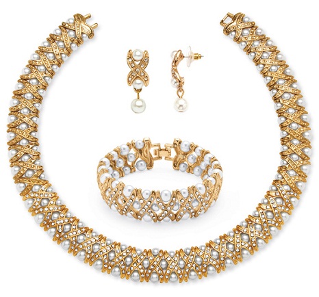 „Palm Beach“ perlų ir krištolo aukso karolių rinkinys su apyrankėmis