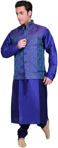 Mavi Kurta Pijama ve Mor Brokar Ceket