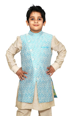 Mavi Angrakha Tarzı Ceketli Punjabi Kurta Pijama