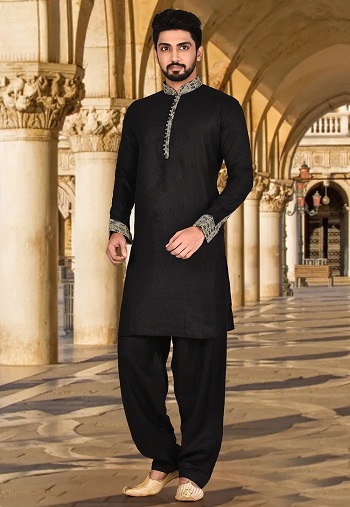 Kısa Siyah Keten Kurta Ve Pijama