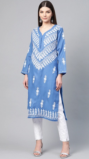 Mavi V Yaka Georgette Chikankari Kurti