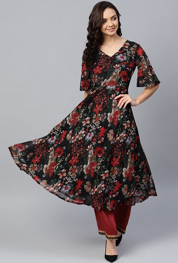 Georgette Flared Çiçek Kurta