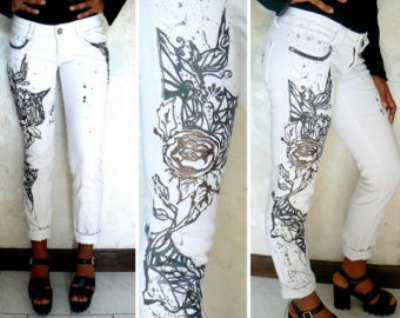 Rankomis dažyti balti siauri džinsai moterims