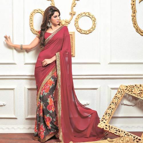 Fancy Sarees-Red Saree su gėlių raštu 7