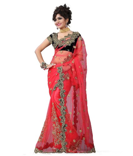 Fancy Sarees-Net medžiaga Raudona išgalvota saree 15