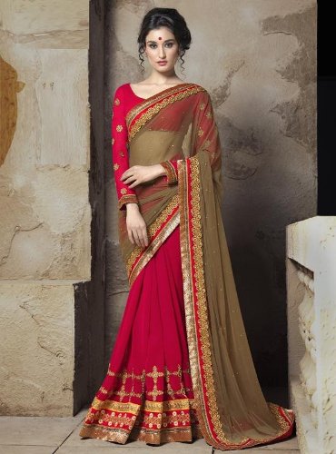 Fancy Sarees-raudona ir auksinė Saree 17