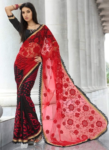 Fantazi Sarees-Siyah Ve Kırmızı Net Saree 19