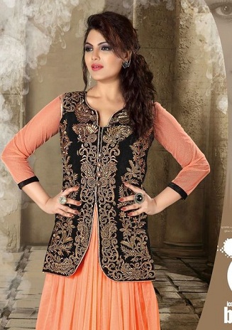 Siyah İşlemeli Koti ile Şeftali Anarkali Kurta