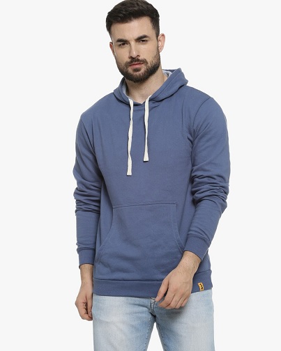 Düz Mavi Kapüşonlu Sweatshirt