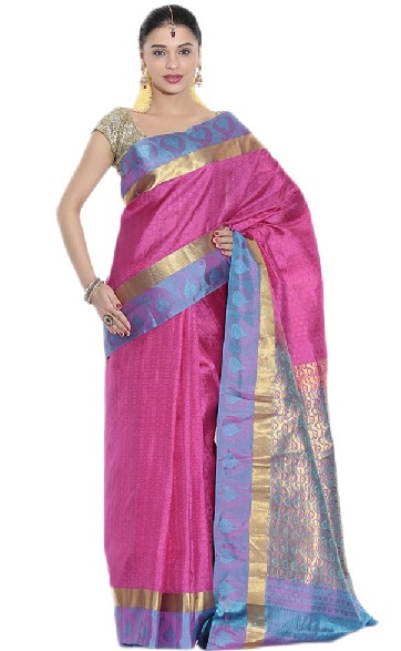 Pembe ve Mavi Kanjivaram İpek Saree