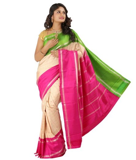 Rožinė Kanchipuram Saree