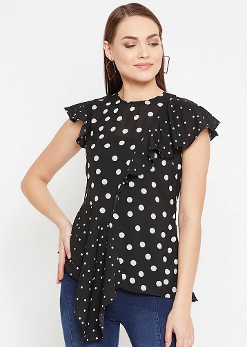 Juodas „Polka Dot Ruffle Top“