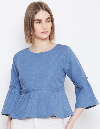 Denim Peplum Crop Top su varpelio rankovėmis