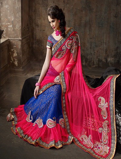 Mavi-Pembe Kombinli Gelin Lehenga En Yeni Saree