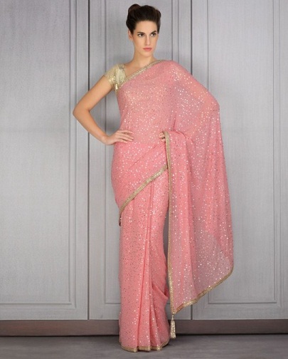 Naujausias dizaineris Pink Saree su žvilgančiu aukso papuošimu