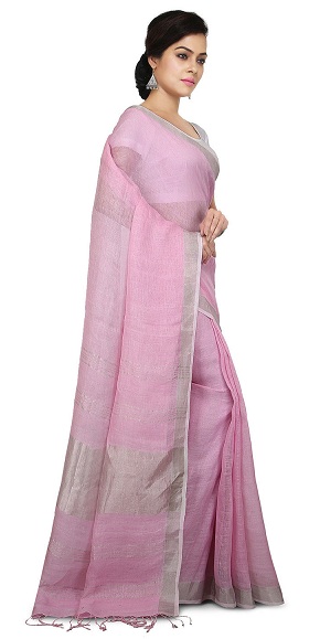 Pastel Pembe Dokuma Keten Sarees