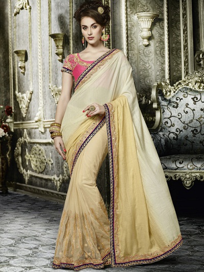 Grietinėlė ir geltonas šifonas Latest Saree