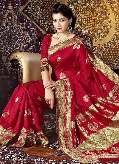 Kırmızı Banarasi İpek Altın Detaylı Son Sari