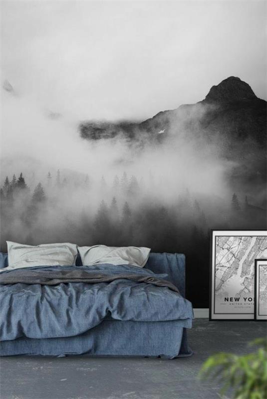 3D φωτογραφία ταπετσαρία ομίχλη βουνά μαύρο άσπρο