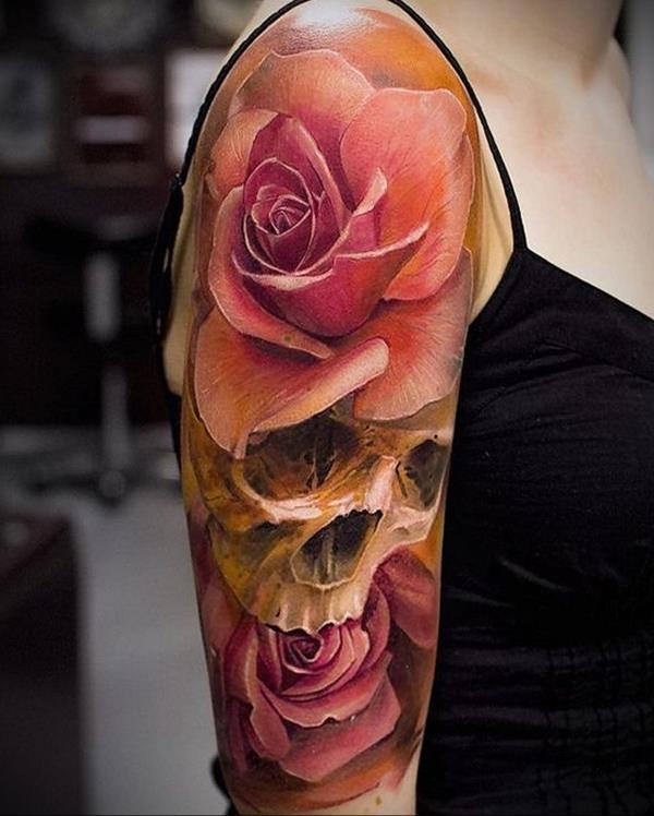 Τρισδιάστατο τατουάζ μανίκια τριαντάφυλλο κρανίο