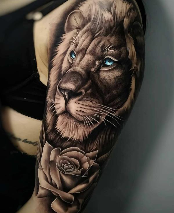 Τρισδιάστατα τατουάζ βραχίονα λιονταριών τριαντάφυλλα