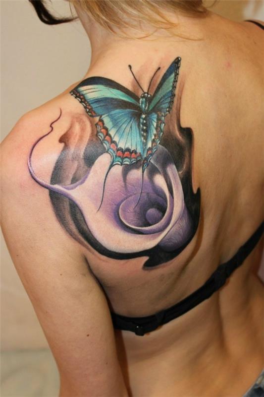 Τρισδιάστατα τατουάζ γυναίκες πίσω ώμος πεταλούδα calla