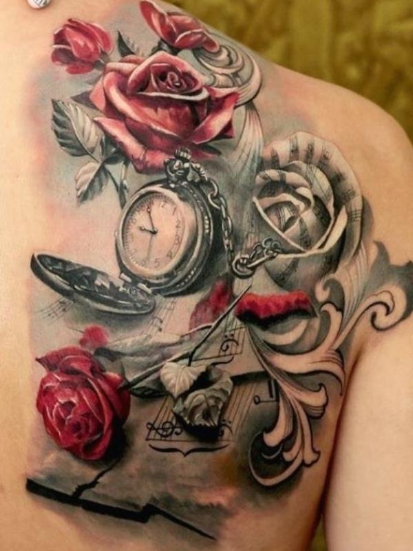 Τρισδιάστατα τατουάζ γυναίκες πίσω ρολόγια τριαντάφυλλα