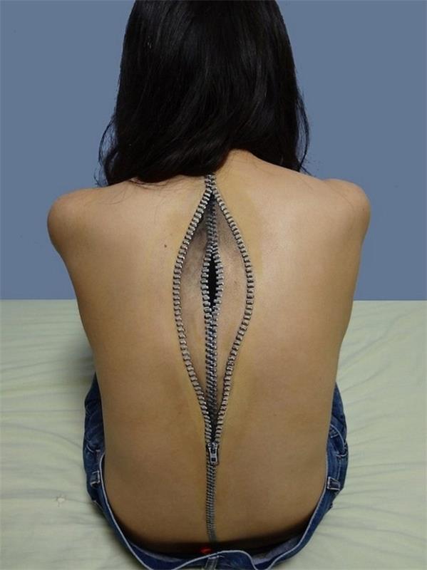 3D τατουάζ πίσω φερμουάρ οπτική ψευδαίσθηση